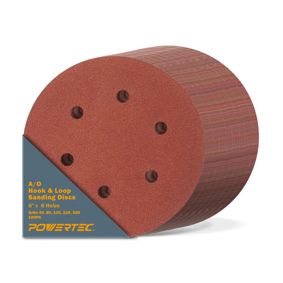 POWERTEC 6 Inch Sanding Discs – Hook and Loop, 6-Hole Aluminum Oxide Orbital Sander Pads, Woodworking & Paint Round Sandpaper for Random Orbital, Air, Pneumatic & DA Sanders