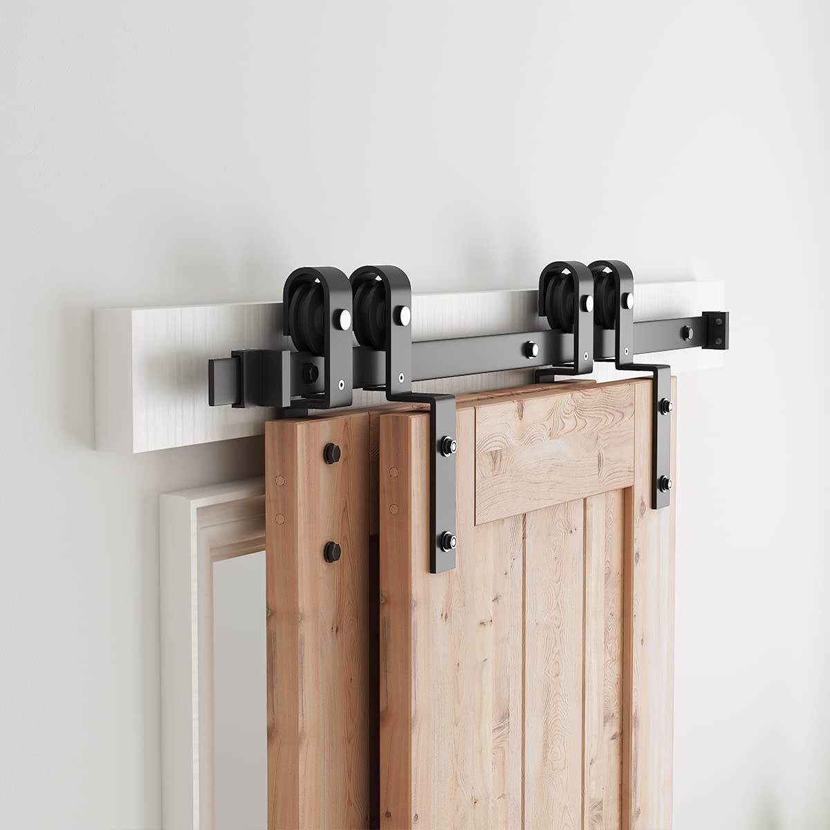 Bypass Sliding Barn Door Hardware Kit - Single Track Flat Track for Double Wooden Doors - Smoothly &Quietly - Easy to Install