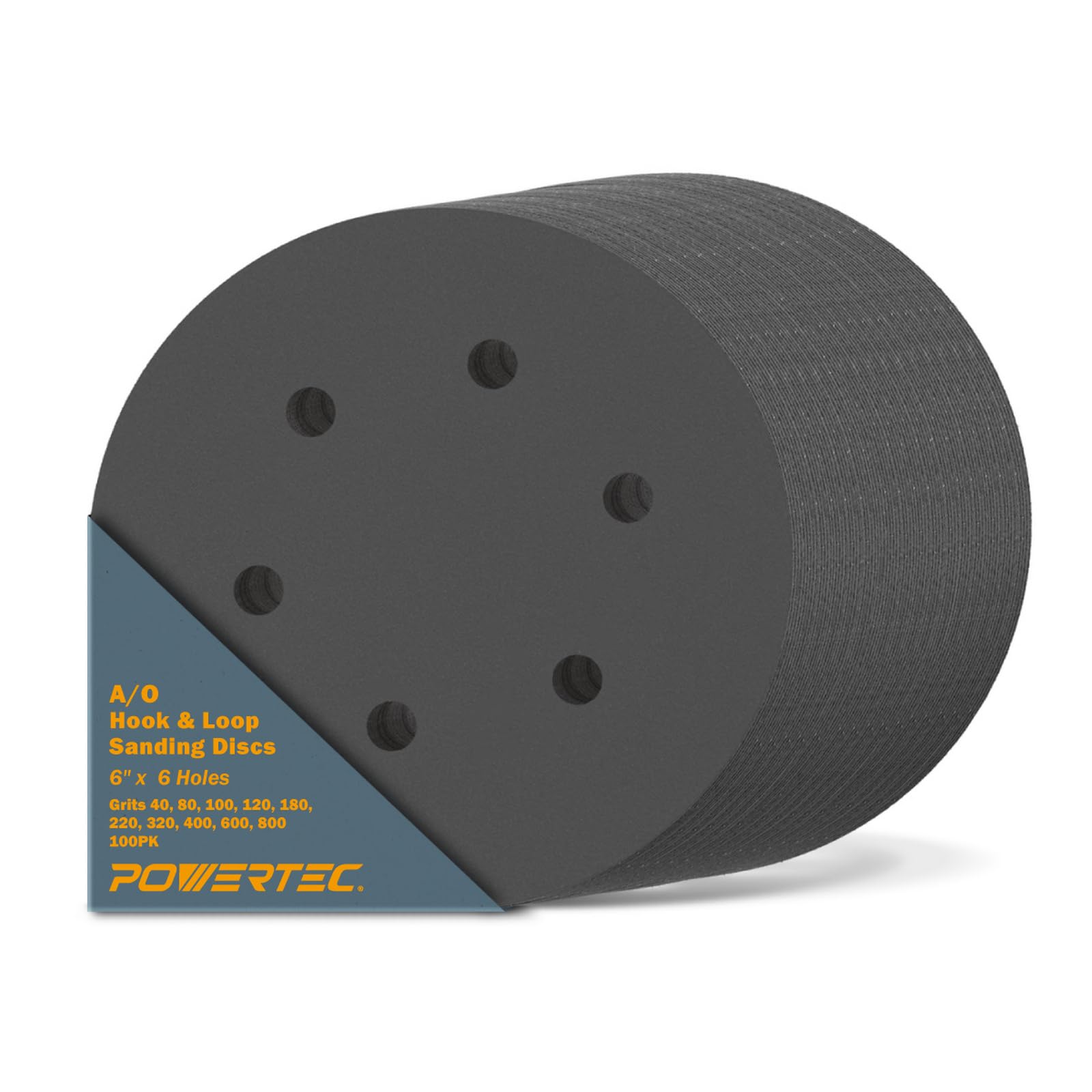 POWERTEC 6 Inch Sanding Discs – Hook and Loop, 6-Hole Aluminum Oxide Orbital Sander Pads, Woodworking & Paint Round Sandpaper for Random Orbital, Air, Pneumatic & DA Sanders
