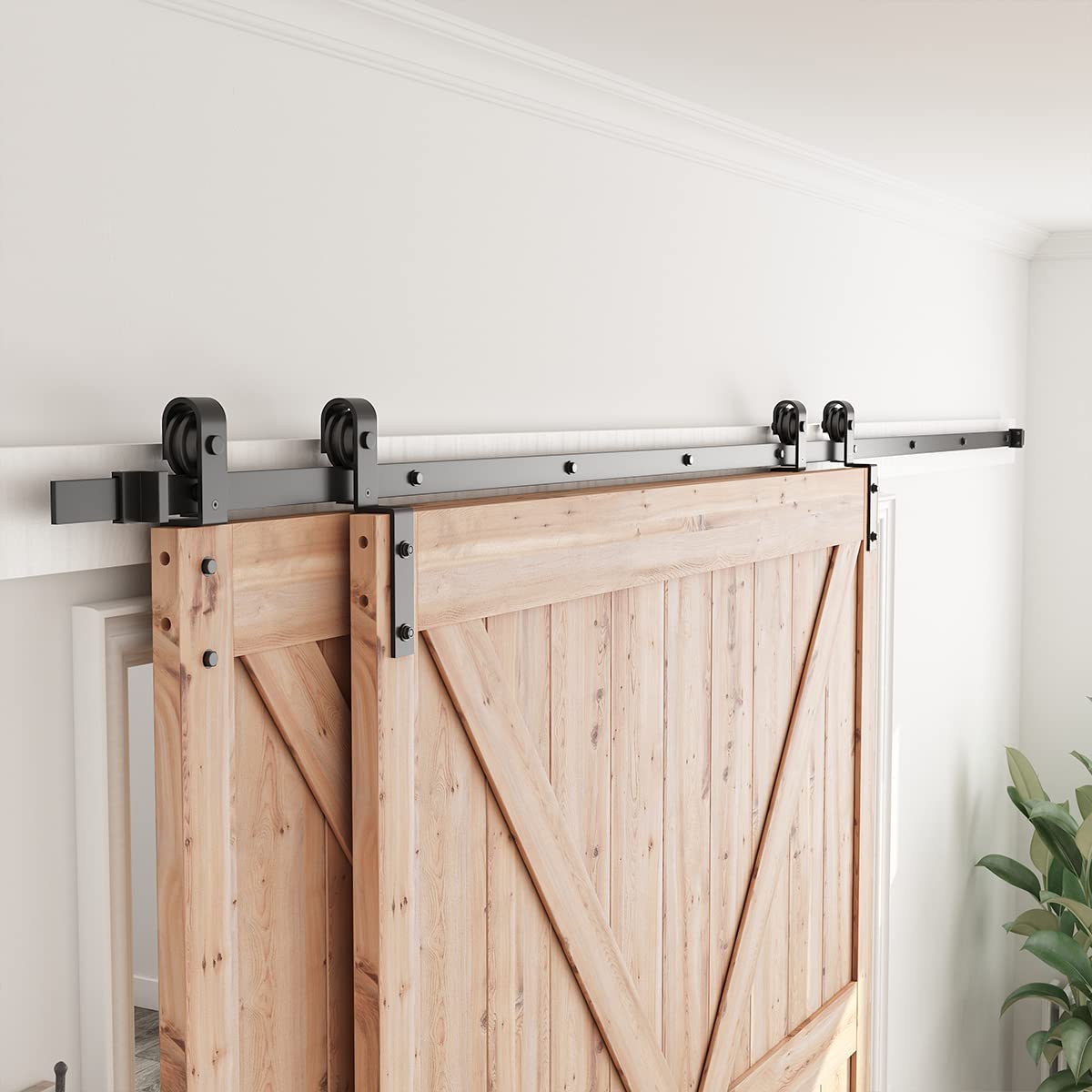 Bypass Sliding Barn Door Hardware Kit - Single Track Flat Track for Double Wooden Doors - Smoothly &Quietly - Easy to Install