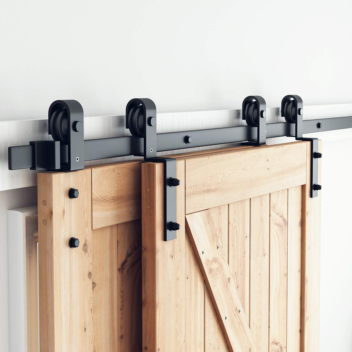 Bypass Sliding Barn Door Hardware Kit - Single Track Flat Track for Double Wooden Doors - Smoothly &Quietly - Easy to Install