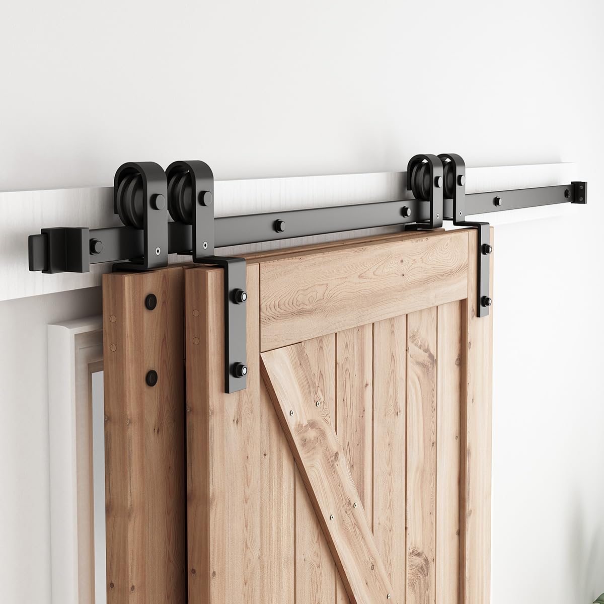 Bypass Sliding Barn Door Hardware Kit - Single Track Flat Track for Double Wooden Doors - Smoothly &Quietly - Easy to Install