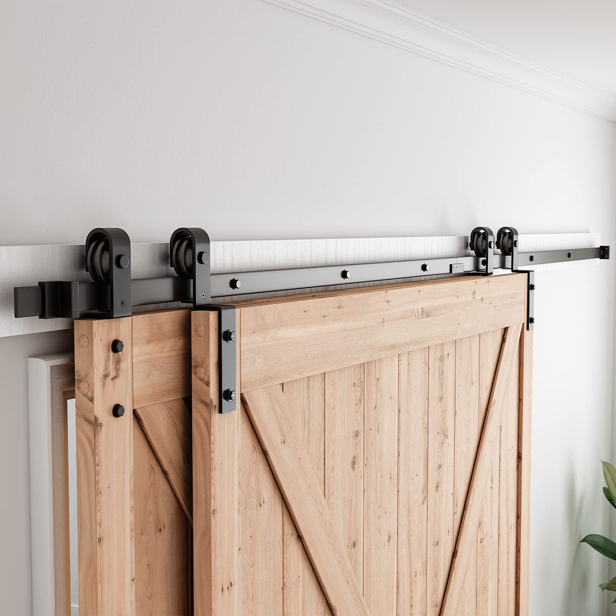 Bypass Sliding Barn Door Hardware Kit - Single Track Flat Track for Double Wooden Doors - Smoothly &Quietly - Easy to Install