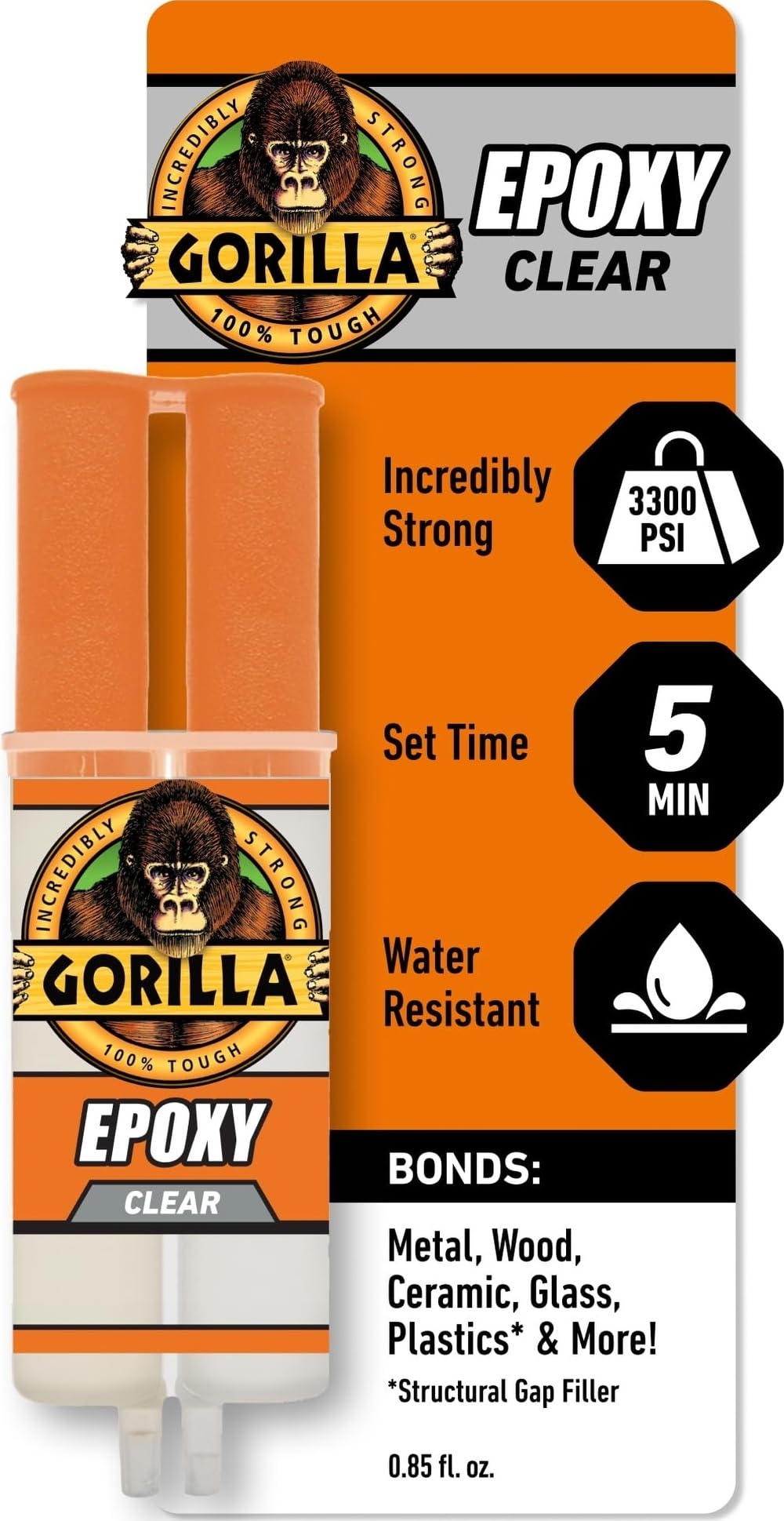 Gorilla Clear 2-Part Epoxy Adhesive Syringe, 0.85 oz