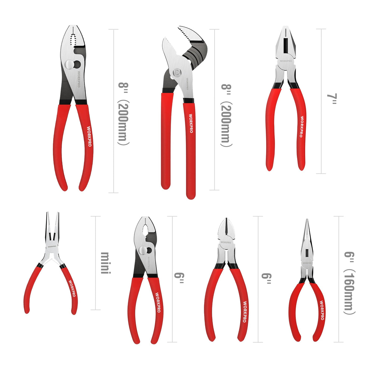 7-piece WORKPRO Pliers Set with Groove Joint, Long Nose, Slip Joint, Linesman, and Diagonal Pliers for DIY & Home Use
