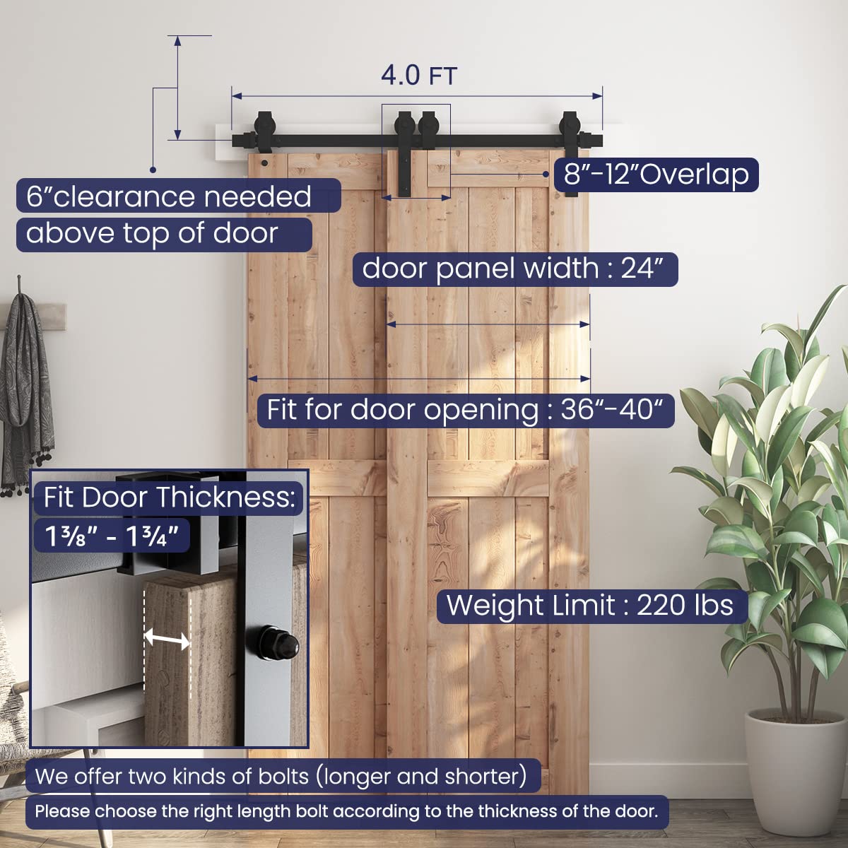 Bypass Sliding Barn Door Hardware Kit - Single Track Flat Track for Double Wooden Doors - Smoothly &Quietly - Easy to Install