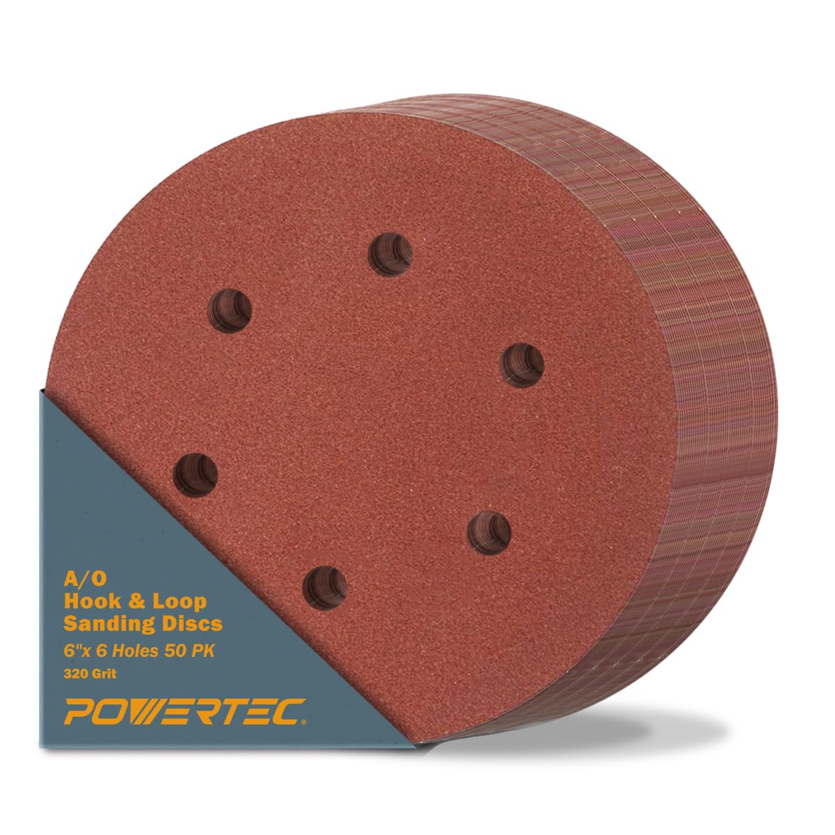POWERTEC 6 Inch Sanding Discs – Hook and Loop, 6-Hole Aluminum Oxide Orbital Sander Pads, Woodworking & Paint Round Sandpaper for Random Orbital, Air, Pneumatic & DA Sanders