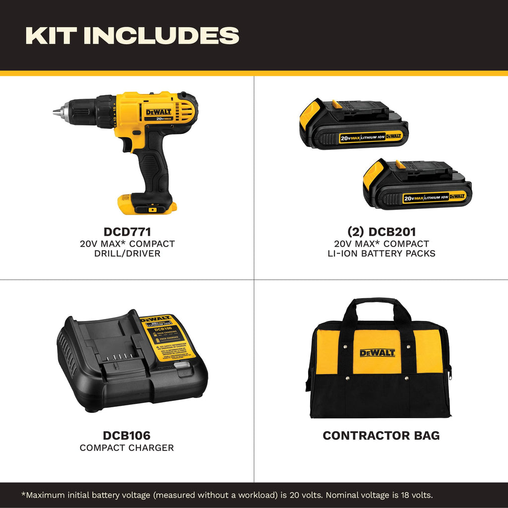 DEWALT DCD771C2 20V MAX 1/2-Inch Compact Drill Driver Kit
