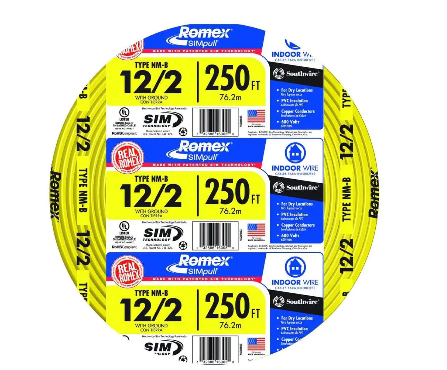 28828255 Non-Metallic Romex Sheathed Cable With Ground, Copper, 12/2, 250-Ft. - Quantity 60