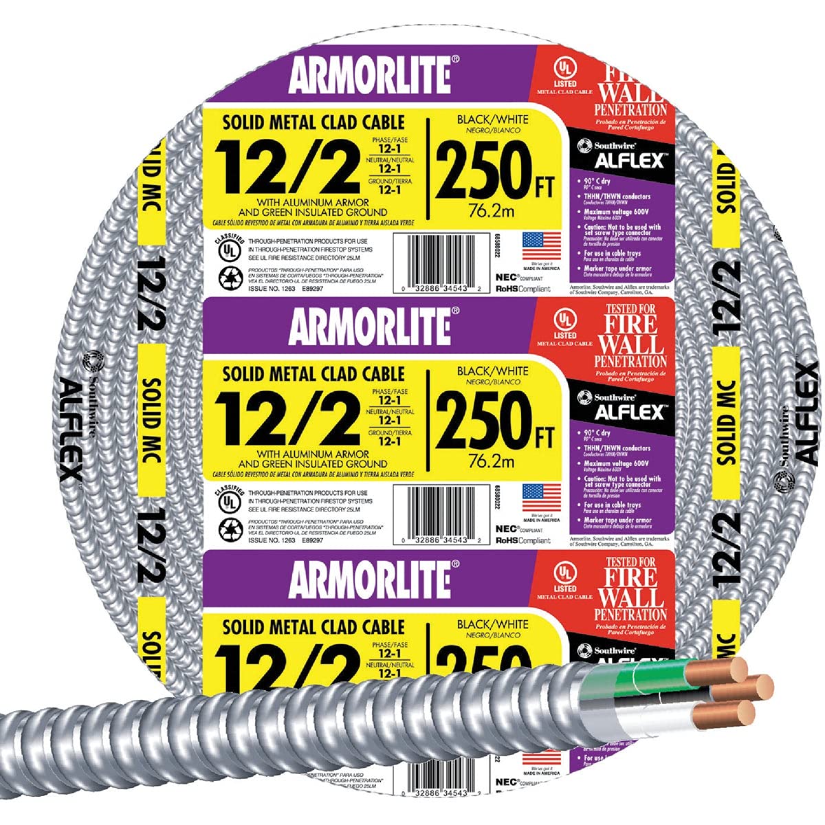 Southwire 12/2 Solid Copper MC Lite Aluminum Armored Cable