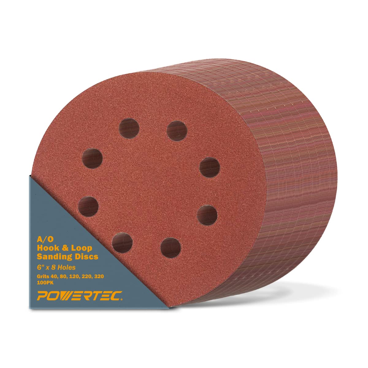 POWERTEC 6 Inch Sanding Discs – Hook and Loop, 6-Hole Aluminum Oxide Orbital Sander Pads, Woodworking & Paint Round Sandpaper for Random Orbital, Air, Pneumatic & DA Sanders
