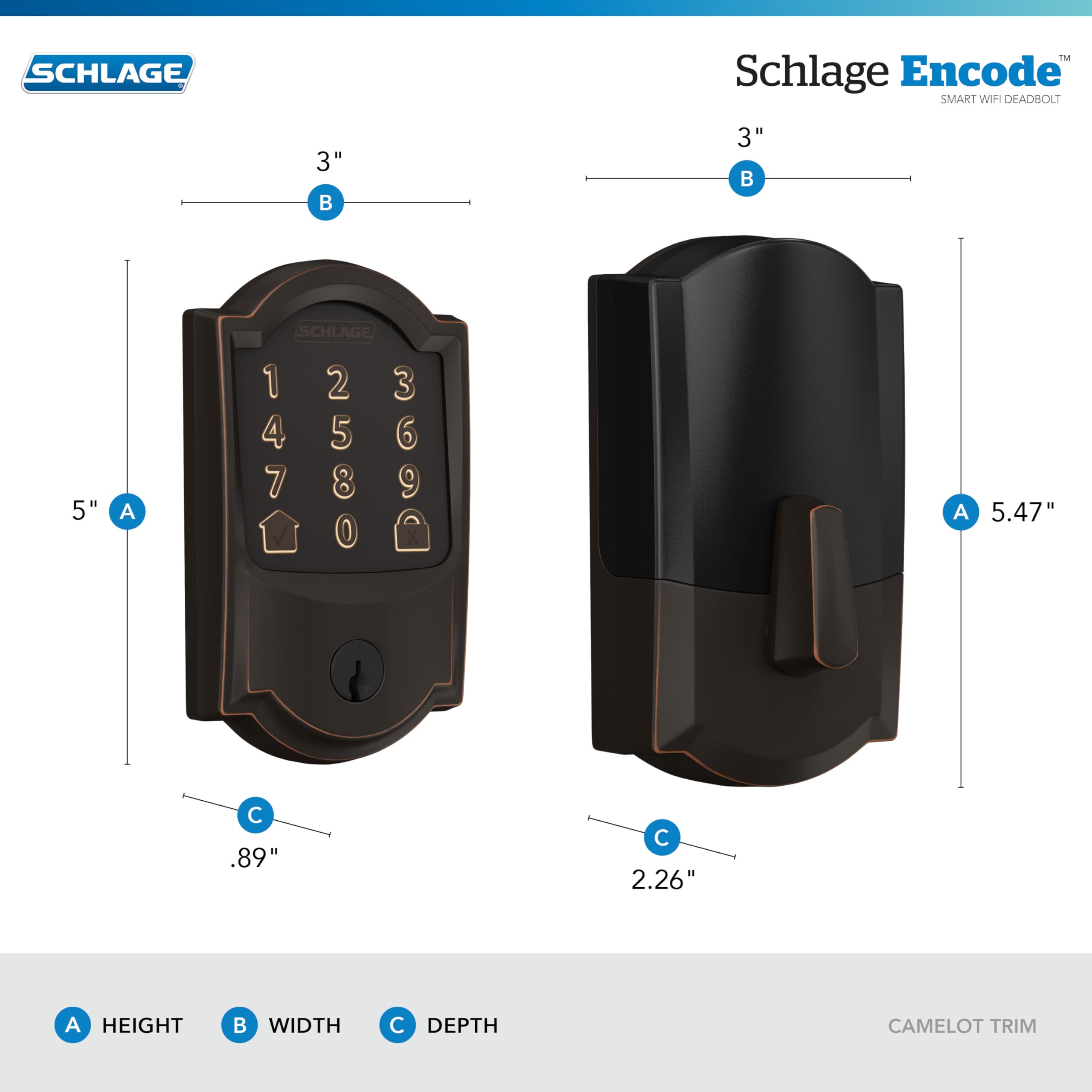 Schlage Encode Smart Wi-Fi Deadbolt Lock with Touchscreen Keypad, Keyless Front Door Entry, App Control, Alexa, Google Home and Airbnb Compatible