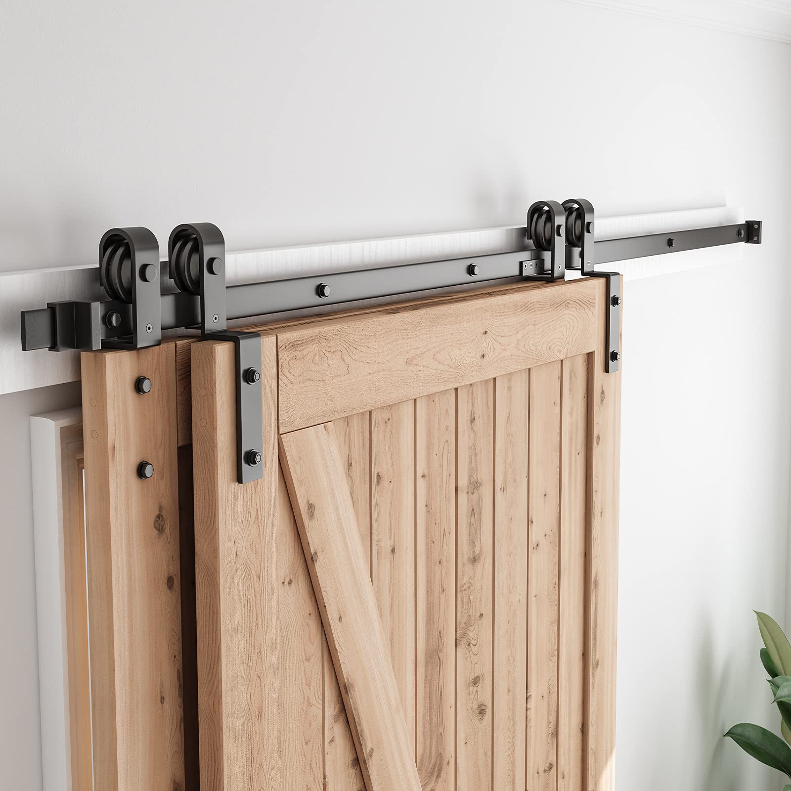 Bypass Sliding Barn Door Hardware Kit - Single Track Flat Track for Double Wooden Doors - Smoothly &Quietly - Easy to Install