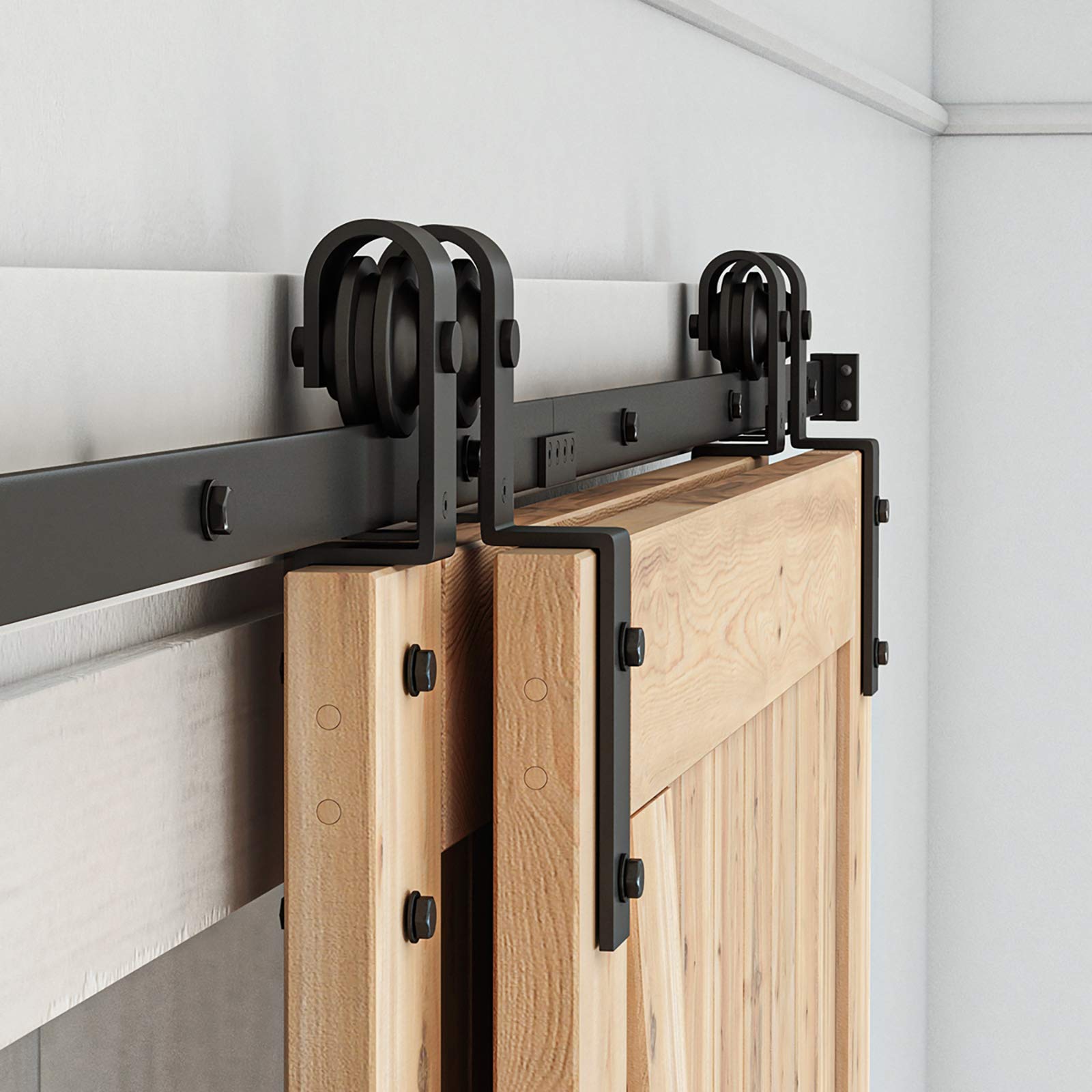 Bypass Sliding Barn Door Hardware Kit - Single Track Flat Track for Double Wooden Doors - Smoothly &Quietly - Easy to Install