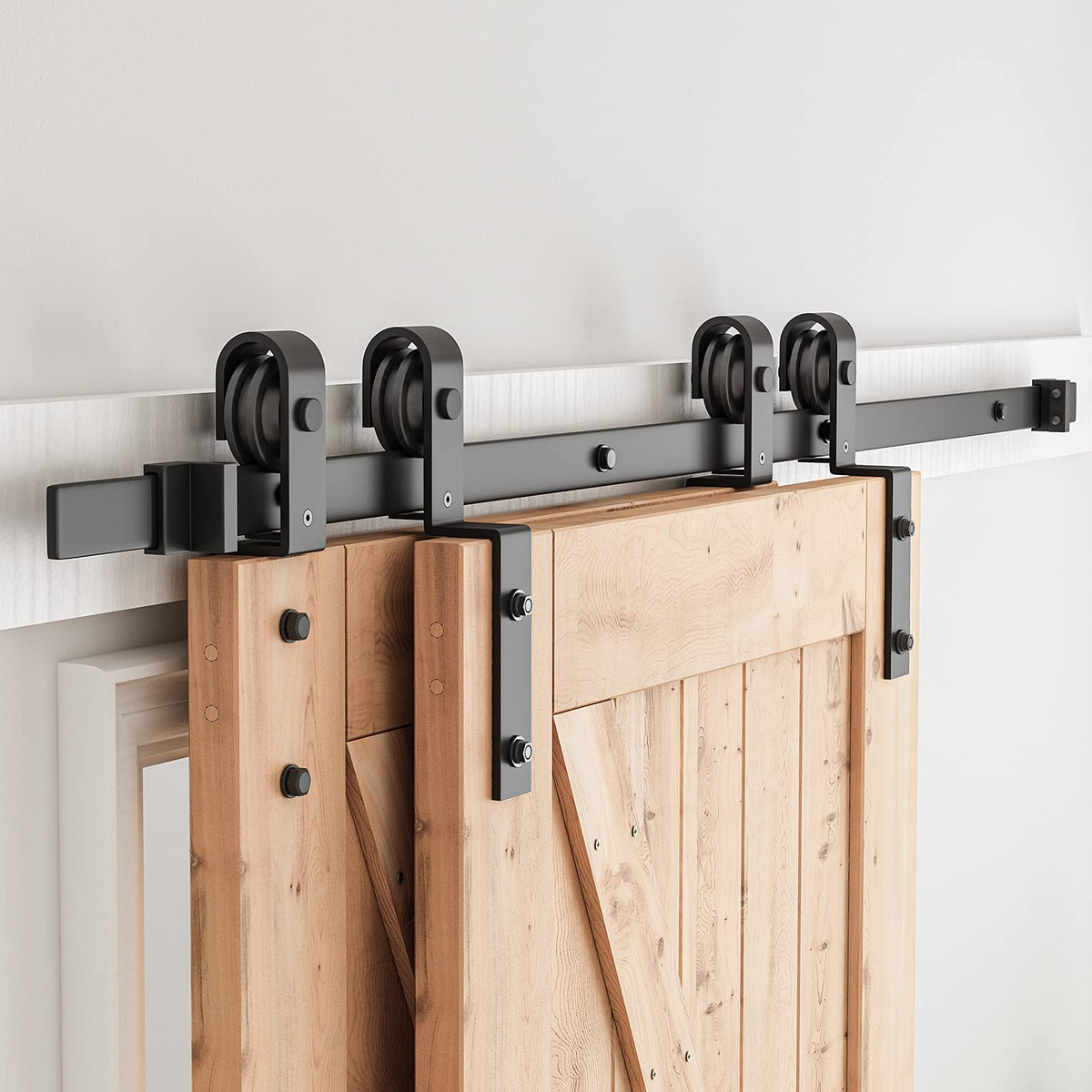 Bypass Sliding Barn Door Hardware Kit - Single Track Flat Track for Double Wooden Doors - Smoothly &Quietly - Easy to Install