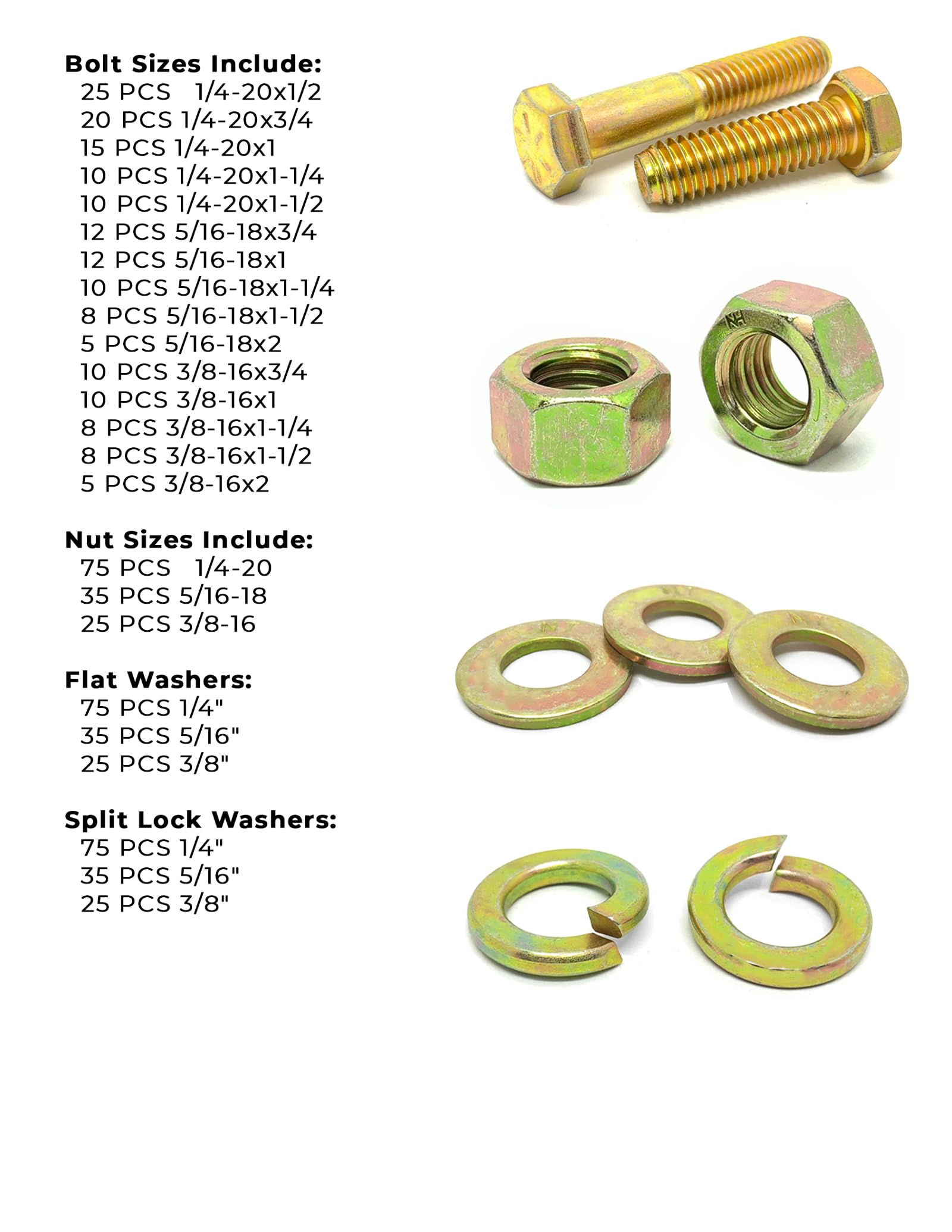 Grade 8 Hex Cap Bolts Screws, Nuts, Washers, Lock Washers Assortment Kit - 574 Pieces!