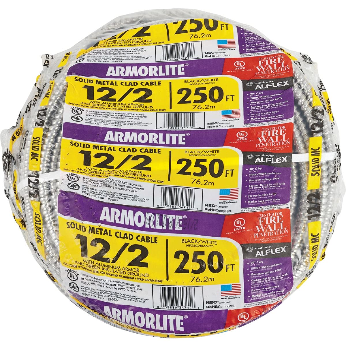 Southwire 12/2 Solid Copper MC Lite Aluminum Armored Cable