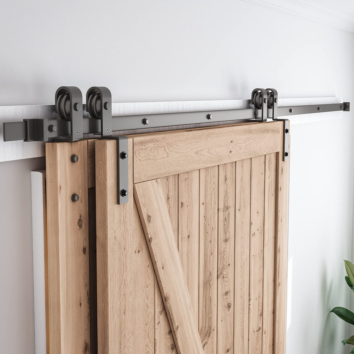 Bypass Sliding Barn Door Hardware Kit - Single Track Flat Track for Double Wooden Doors - Smoothly &Quietly - Easy to Install