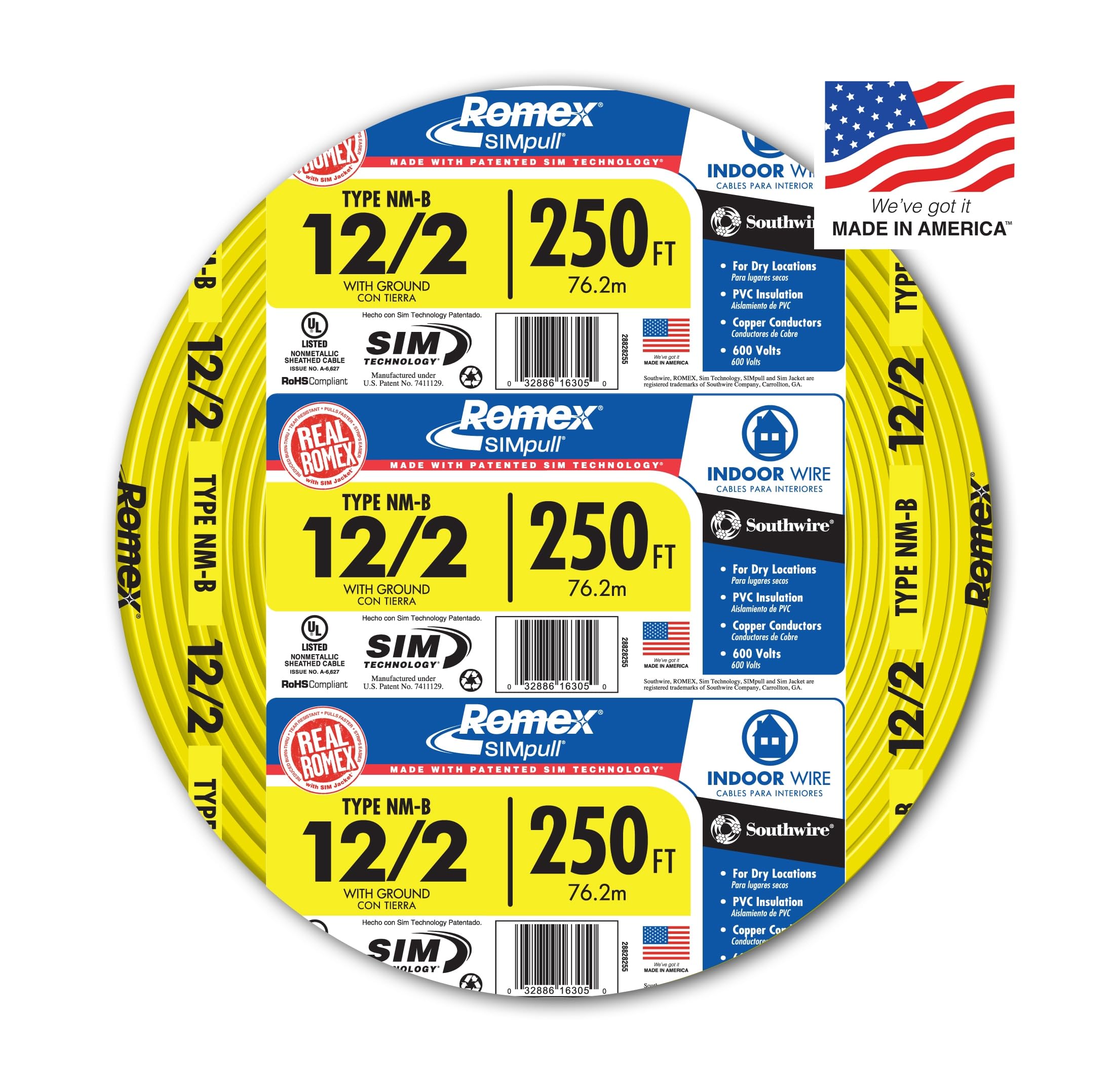 28828255 Non-Metallic Romex Sheathed Cable With Ground, Copper, 12/2, 250-Ft. - Quantity 60