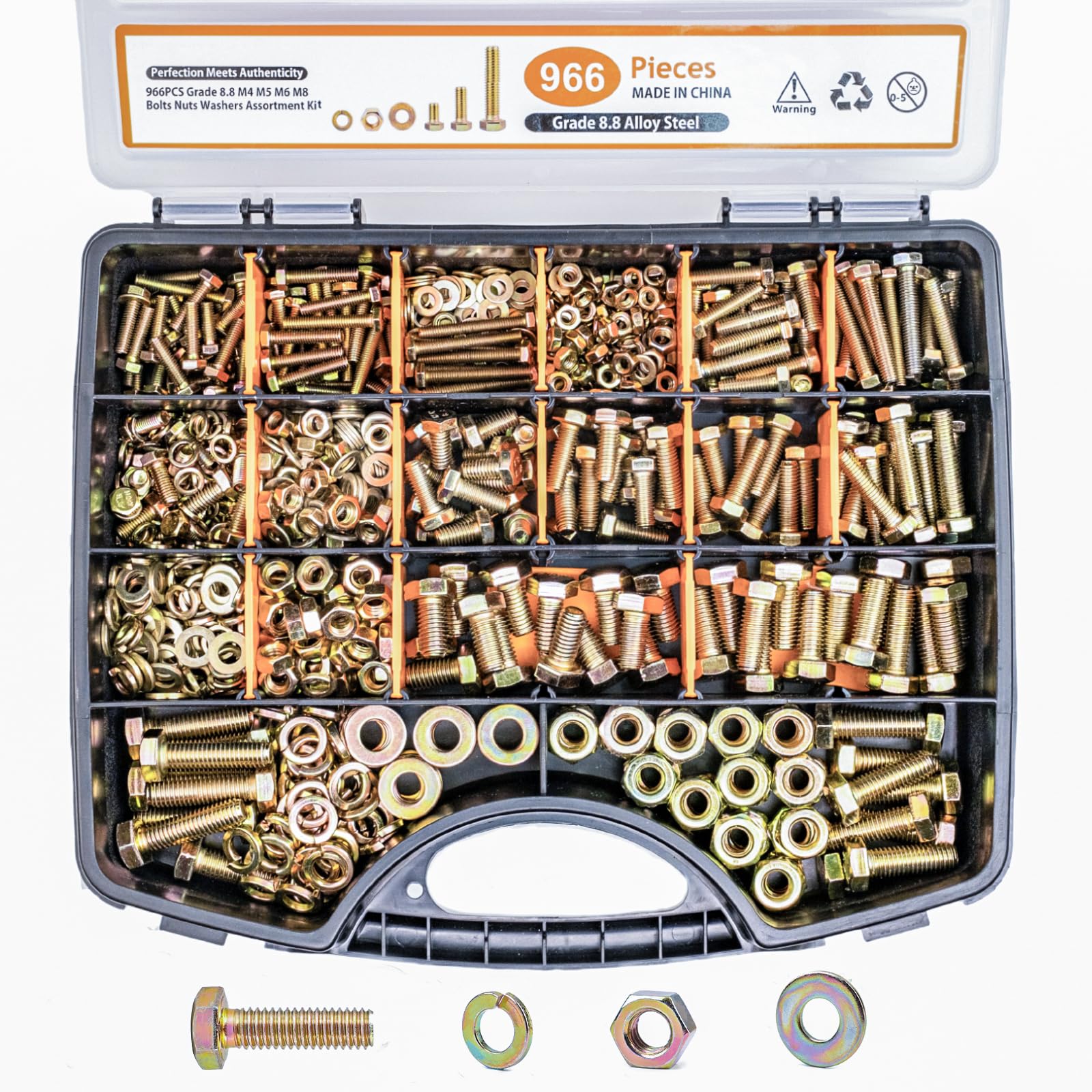 Heavy Duty Bolts and Nuts Kit, Bolt Assortment Kit Including Nuts Washers, Yellow Zinc Plated