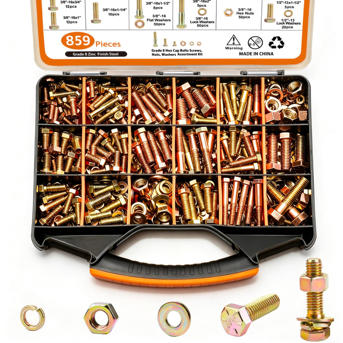 Heavy Duty Bolts and Nuts Kit, Bolt Assortment Kit Including Nuts Washers, Yellow Zinc Plated