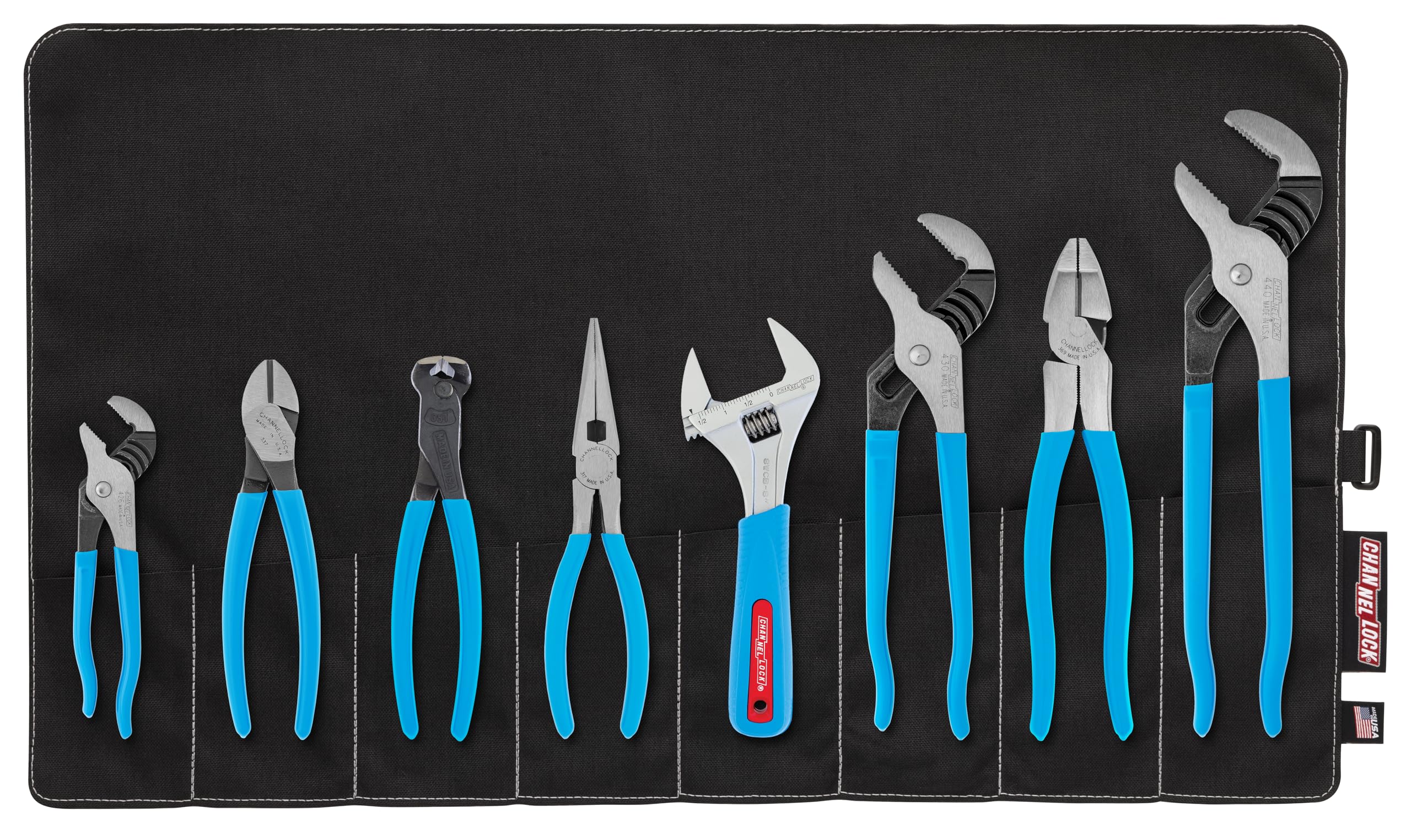 Channellock TOOL ROLL-8 8 Piece Professional Pliers Set w/Tool Roll | Fast Release Vinyl Pouch Features Long Nose, Diagonal Cutter, Linemen's, End Cutting, Adj Wrench & Tongue and Groove (3), Blue